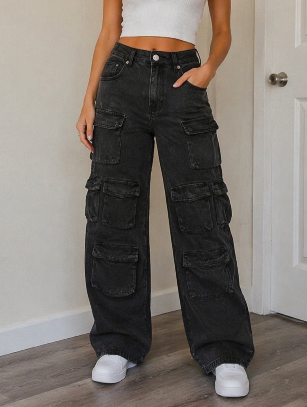 NWT Kuwalla Multi Cargo Pocket Denim Jeans Black Utility Wide Leg Streetwear Y2K